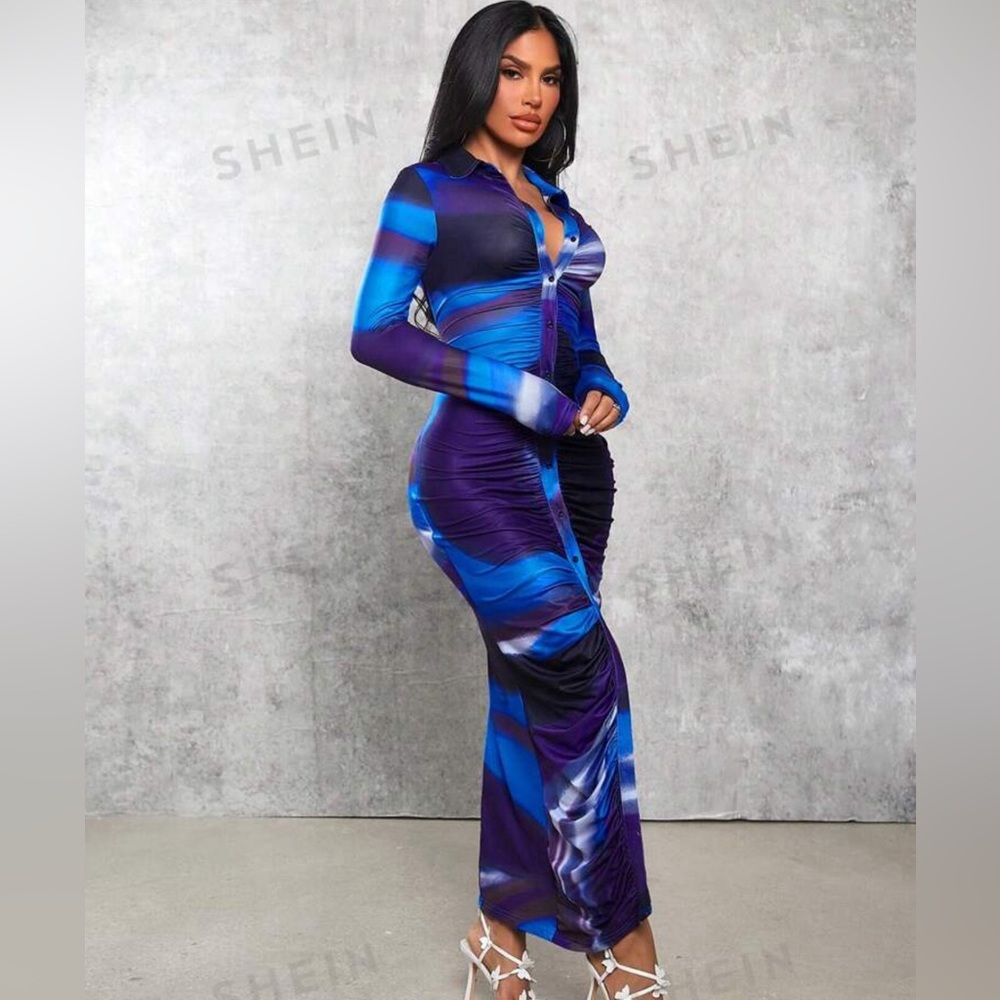 SHEIN Blue Bodycon Maxi Dress with Cuffed Sleeves